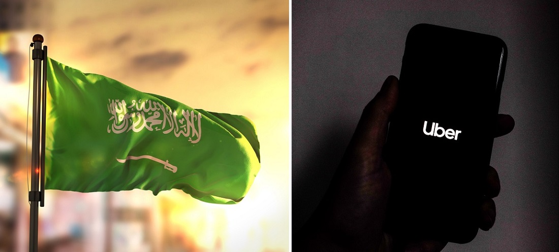 Saudi Arabia Flag Against City Blurred Background At Sunrise Backlight